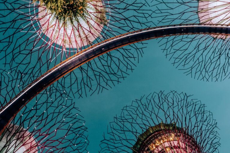 From below amazing view of contemporary tall tree like constructions with creative peaks illuminated by bright lights against dark evening sky in Singapore